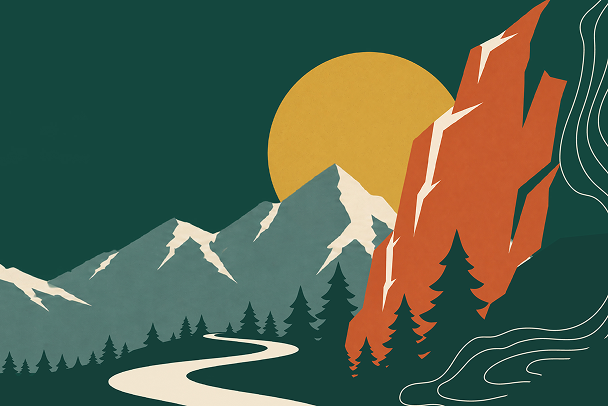 Illustrated mountain landscape with a sun, pine trees, and a winding river
