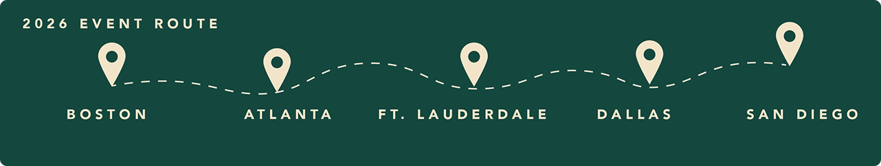 Dark green banner reading 2026 Event Route, showing an illustrated dashed route connecting map pins for Boston, Atlanta, Ft. Lauderdale, Dallas, and San Diego